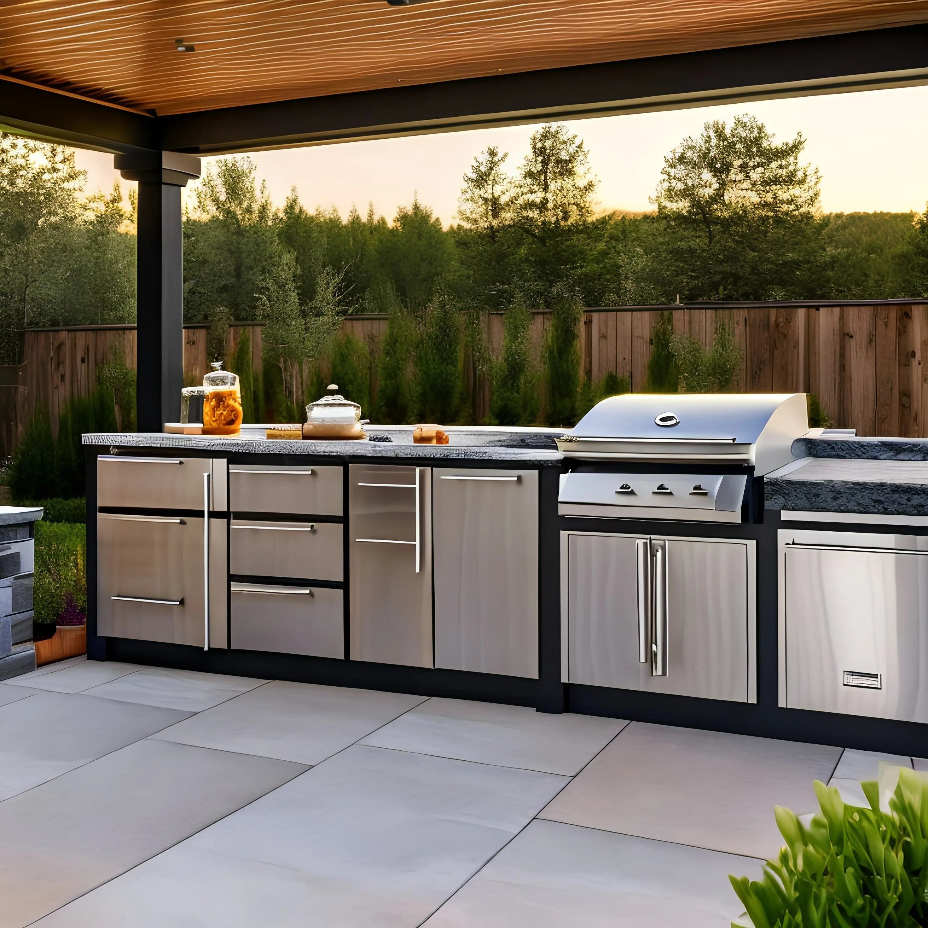 Built-in stainless steel outdoor refrigerator under a patio counter stocked with beverages