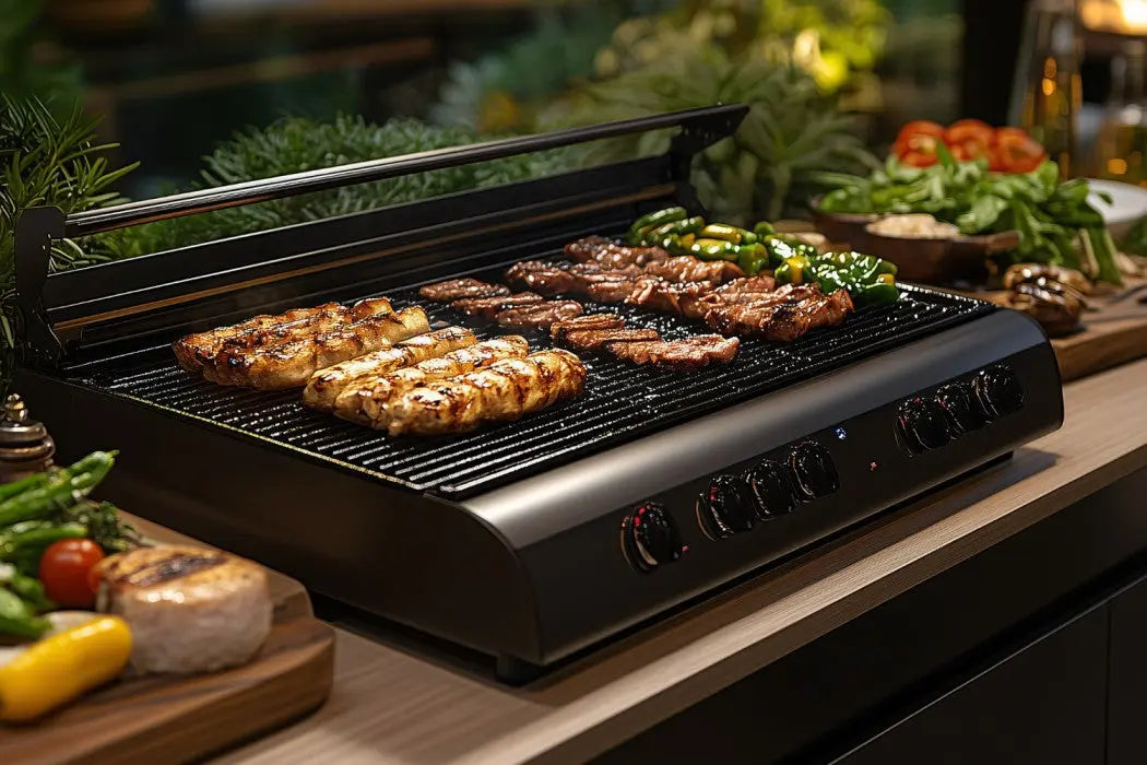 Outdoor kitchen setup featuring a built-in electric BBQ grill with digital controls and side prep space