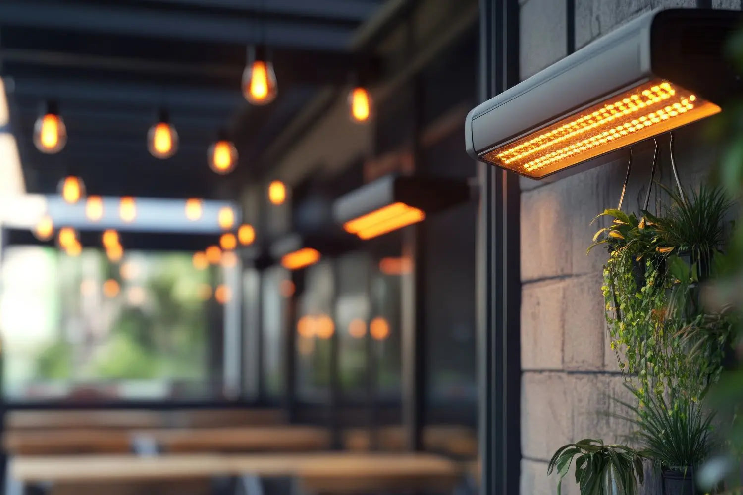 Outdoor patio heater warming a backyard seating area on a cool evening
