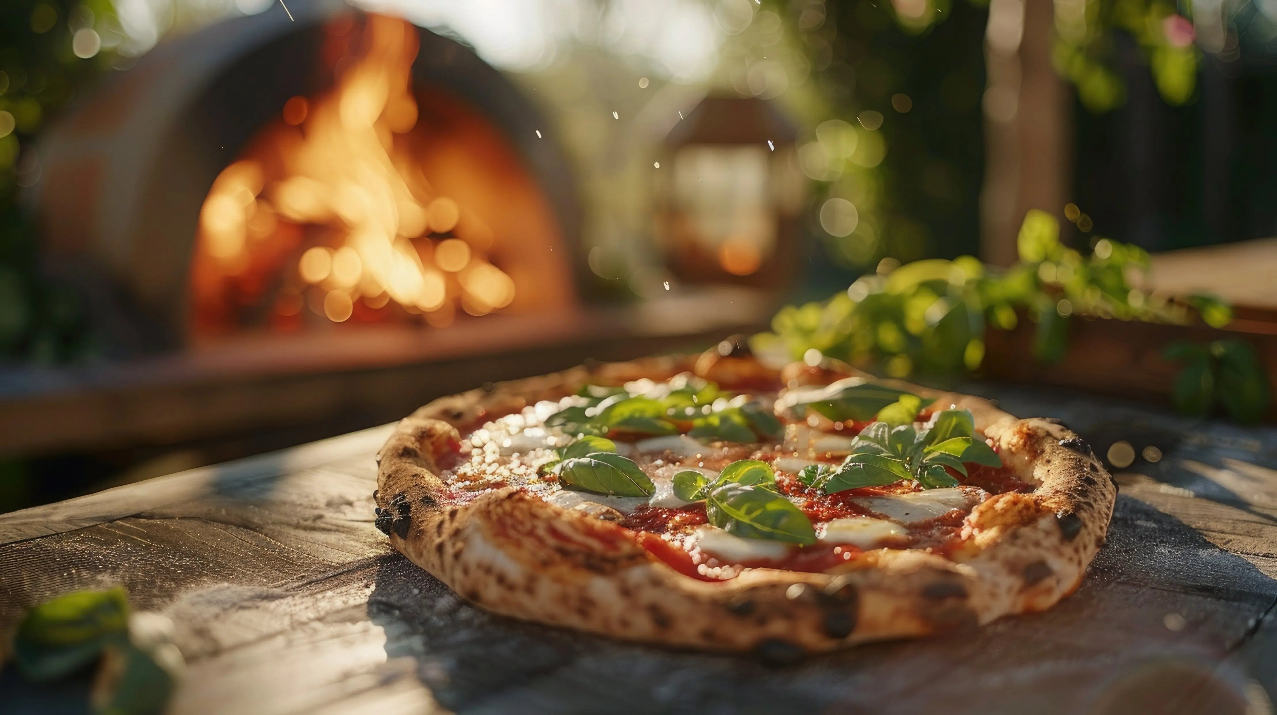 Outdoor pizza oven baking a Neapolitan-style pizza on a stone deck with flames in the background