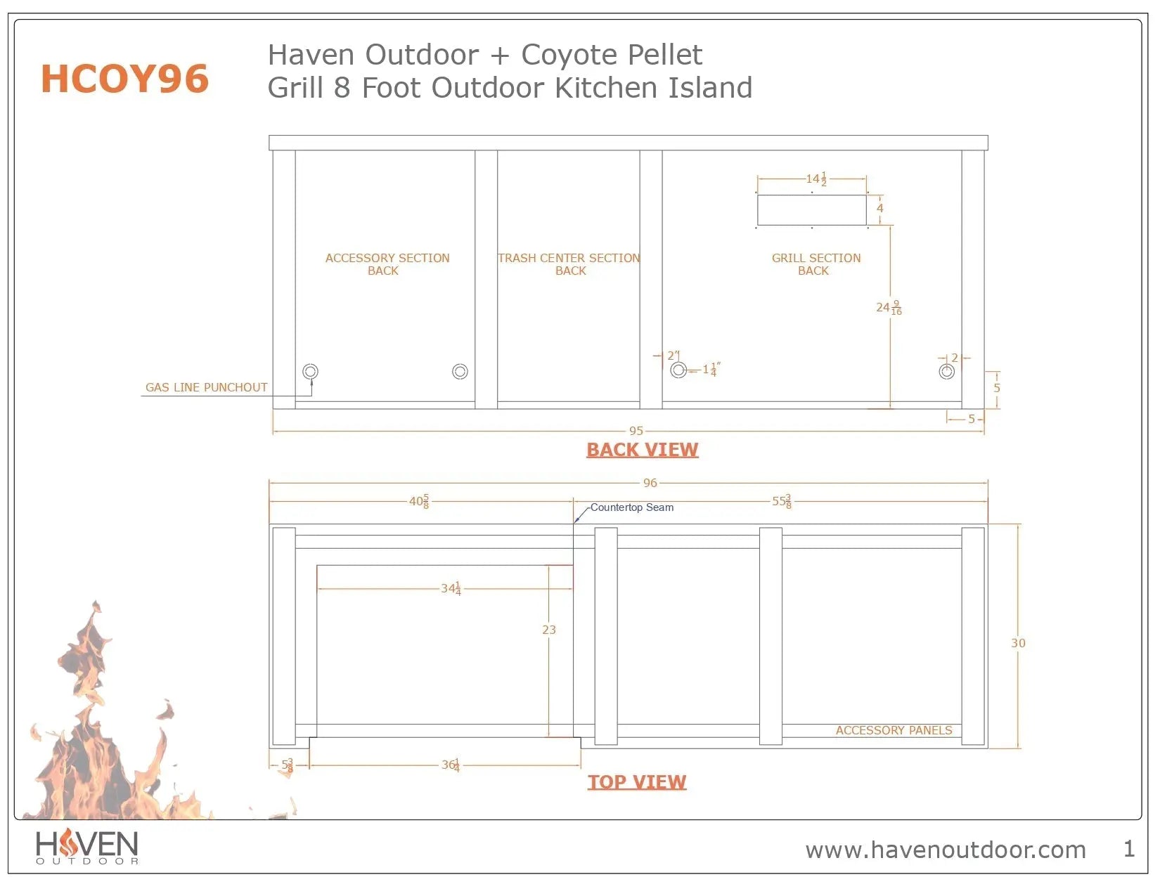 Haven 8 Ft. Outdoor Kitchen Island with Coyote 36-Inch Pellet Grill, Trash Drawer & Storage Drawer Haven Outdoor