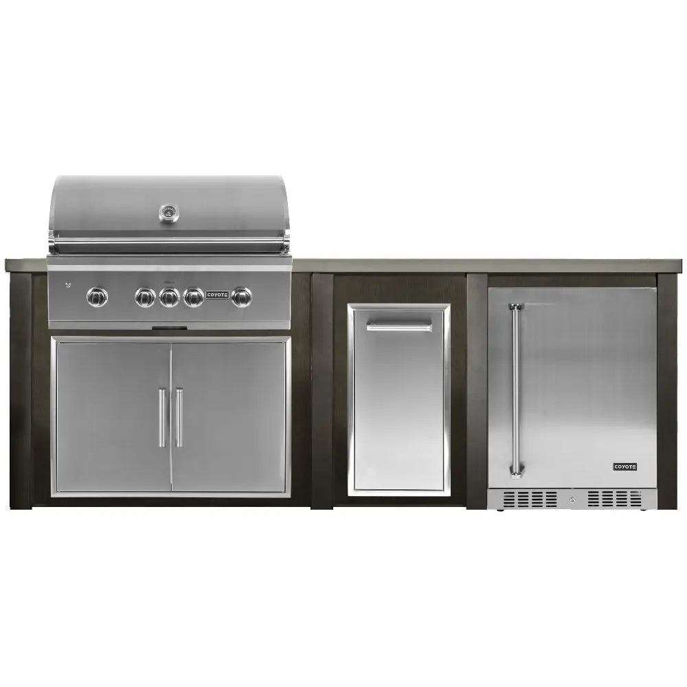 Haven 8 Ft. Outdoor Kitchen Island with Coyote Trash Center, 24-Inch Refrigerator & S-Series 36-Inch Gas Grill Haven Outdoor