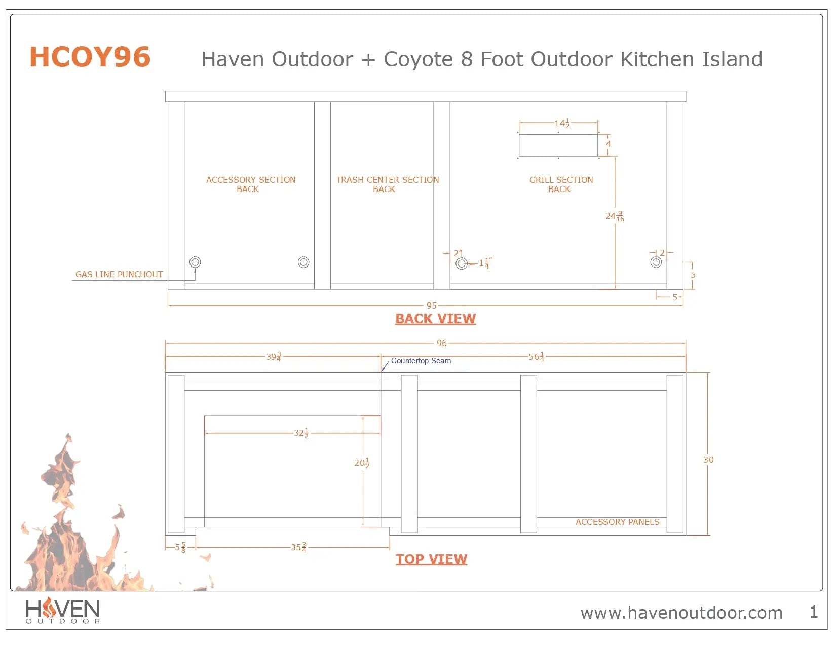 Haven 8 Ft. Outdoor Kitchen Island with Coyote Trash Center, 24-Inch Refrigerator & S-Series 36-Inch Gas Grill Haven Outdoor