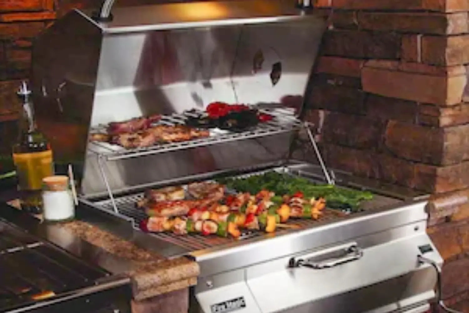 Charcoal grill smoking ribs on a backyard patio with flames and glowing coals