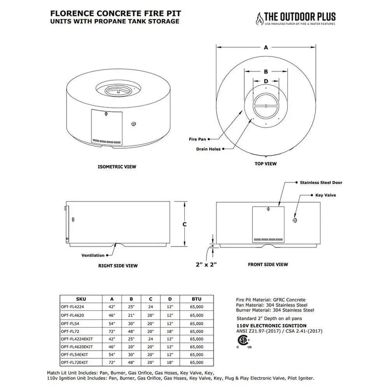 42" Florence Concrete Fire Pit - 24" Tall - OPT-FL4224 The Outdoor Plus
