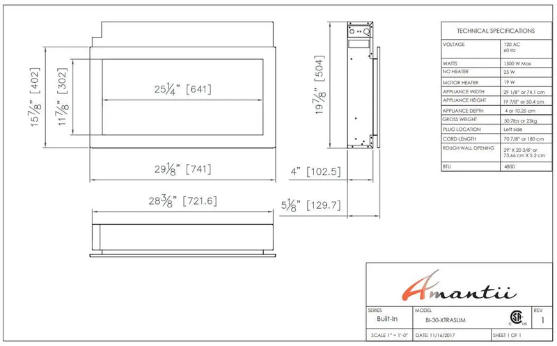 Amantii Panorama 30 inch Extra Slim Built-in Indoor/Outdoor Linear Electric Fireplace Amantii