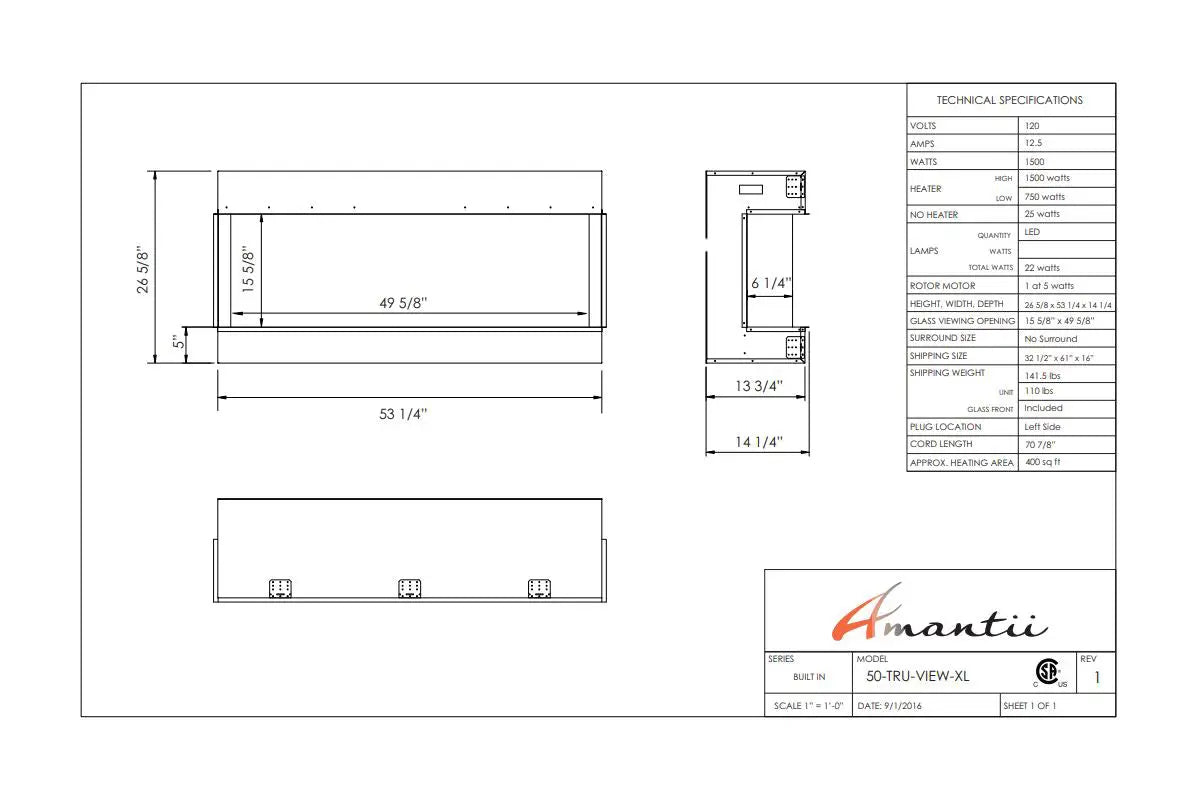 Amantii Panorama Tru View 50-inch 3-Sided View Built In Indoor/Outdoor Electric Fireplace Amantii