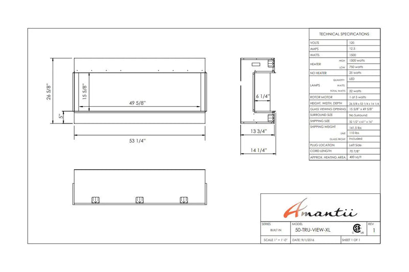 Amantii Panorama Tru View 50-inch 3-Sided View Built In Indoor/Outdoor Electric Fireplace Amantii