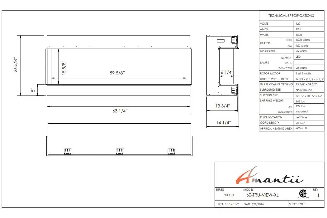 Amantii Panorama Tru View 60-inch 3-Sided View Built In Indoor/Outdoor Electric Fireplace Amantii