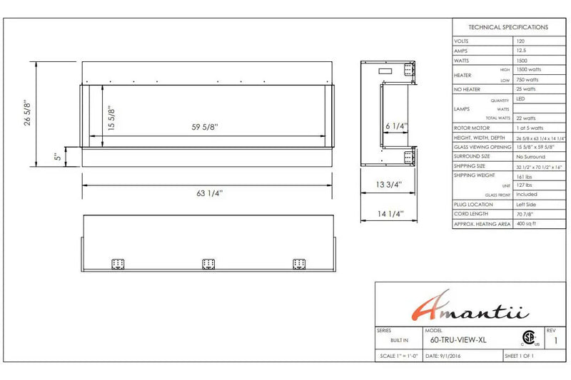 Amantii Panorama Tru View 60-inch 3-Sided View Built In Indoor/Outdoor Electric Fireplace Amantii