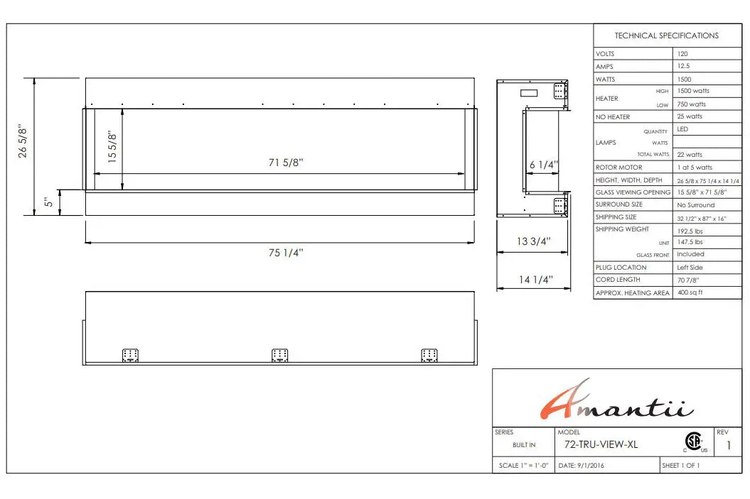 Amantii Panorama Tru View 72-inch 3-Sided View Built In Indoor/Outdoor Electric Fireplace Amantii