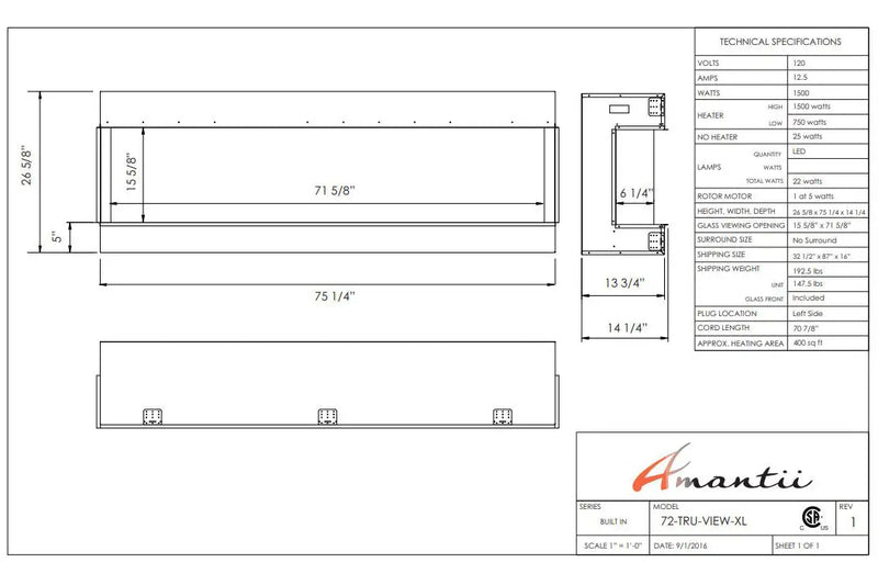 Amantii Panorama Tru View 72-inch 3-Sided View Built In Indoor/Outdoor Electric Fireplace Amantii