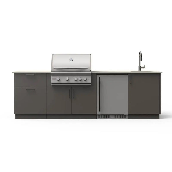 Blaze Golden Hour 10-Ft Outdoor Kitchen Island w/ 32-Inch Premium LTE+ Grill, Fridge, Sink in Gunmetal w/ Aeris Countertop - Agent BBQ