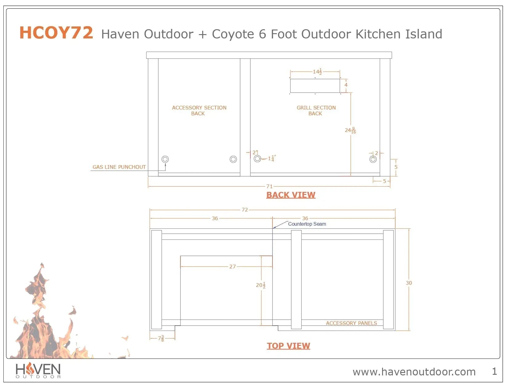 Haven 6 Ft. Outdoor Kitchen Island with Coyote Plain Panel, 30-Inch S-Series Gas grill & Double Access Doors Haven Outdoor