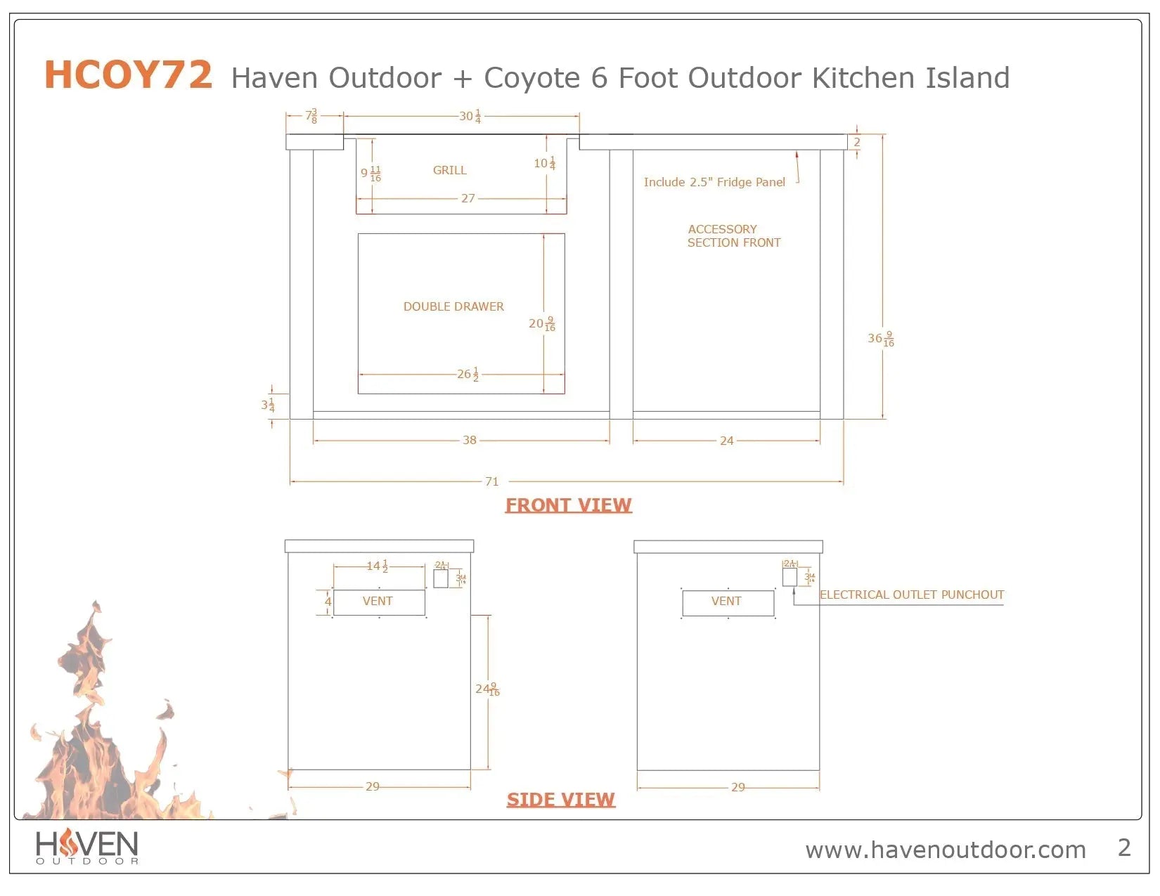 Haven 6 Ft. Outdoor Kitchen Island with Coyote Plain Panel, 30-Inch S-Series Gas grill & Double Access Doors Haven Outdoor