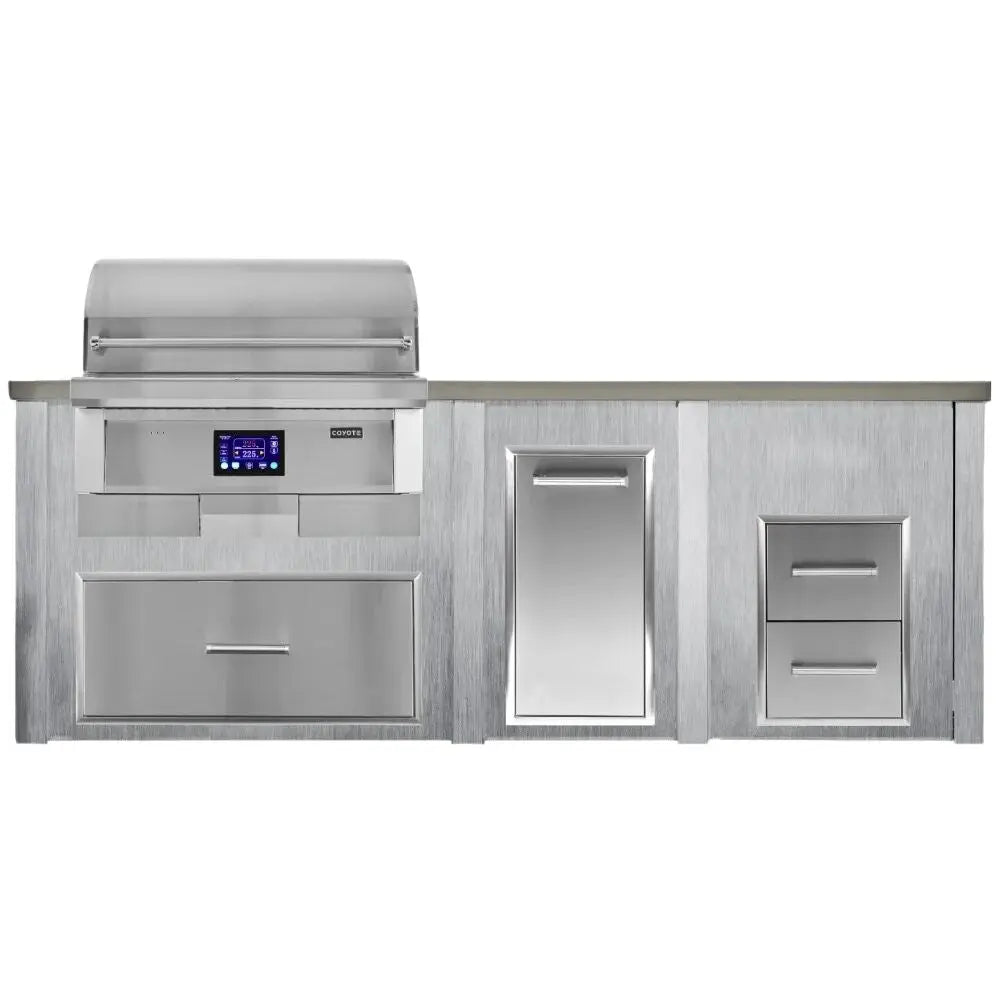 Haven 8 Ft. Outdoor Kitchen Island with Coyote 36-Inch Pellet Grill, 2 Drawer Cabinet & Trash Drawer Haven Outdoor