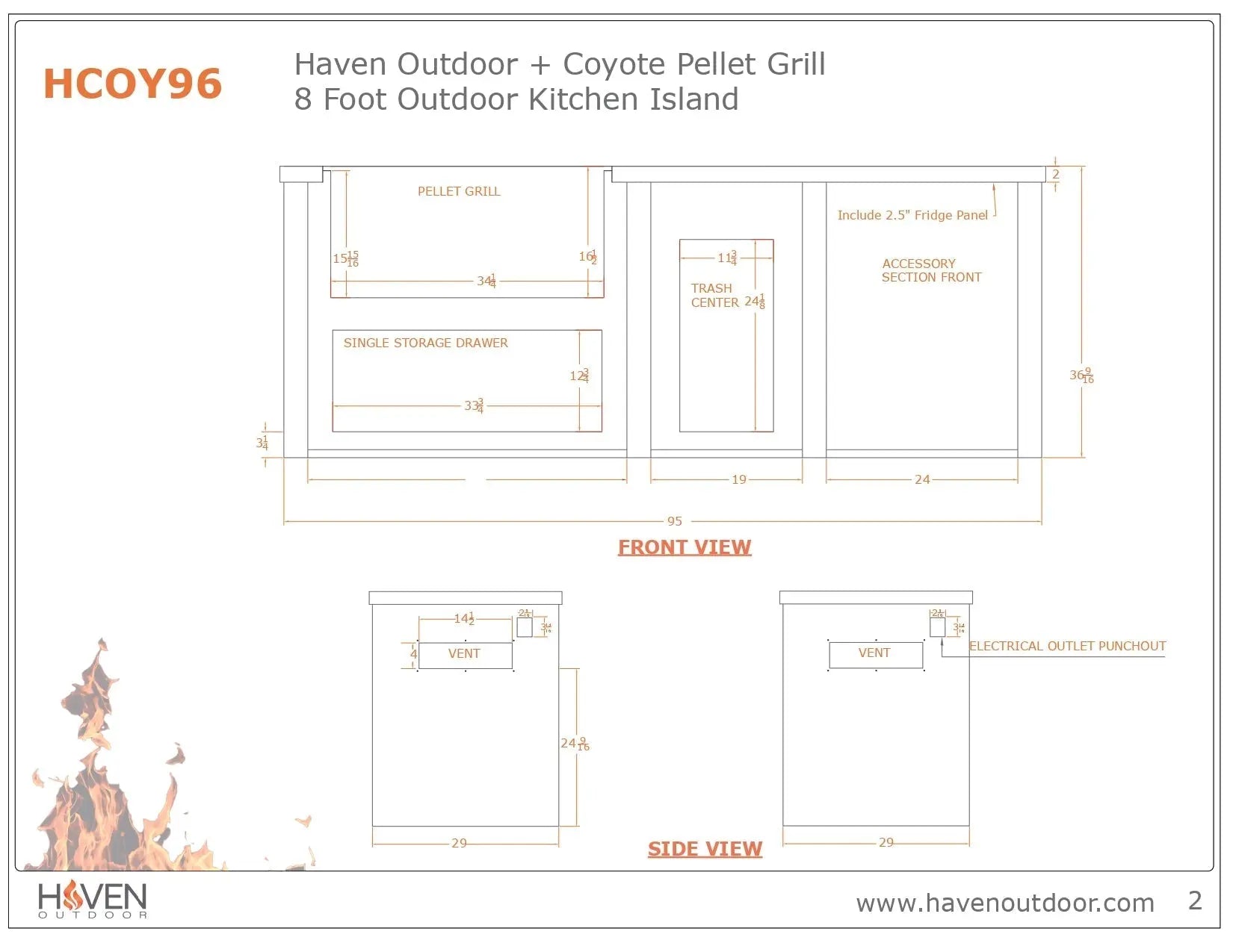 Haven 8 Ft. Outdoor Kitchen Island with Coyote 36-Inch Pellet Grill, Refrigerator & Storage Drawer Haven Outdoor