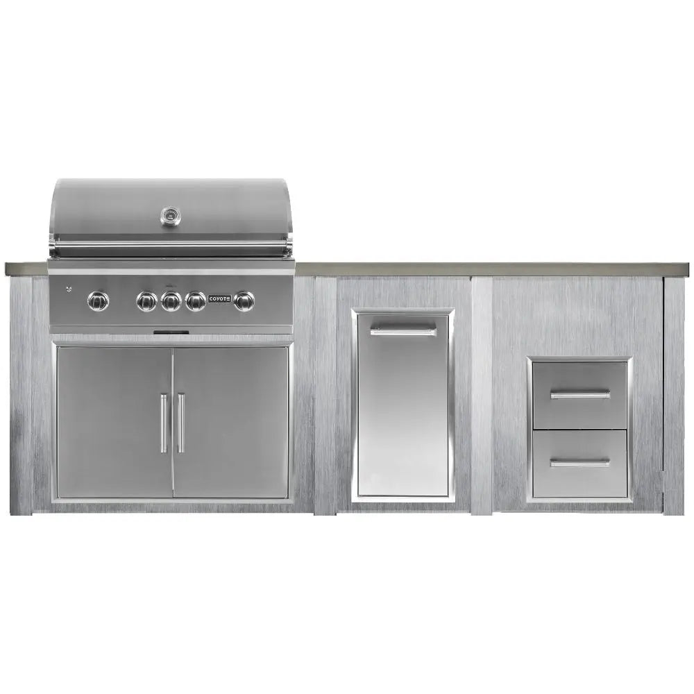 Haven 8 Ft. Outdoor Kitchen Island with Coyote Trash Center, 2 Drawer Cabinet & 36-Inch S-Series Gas Grill Haven Outdoor