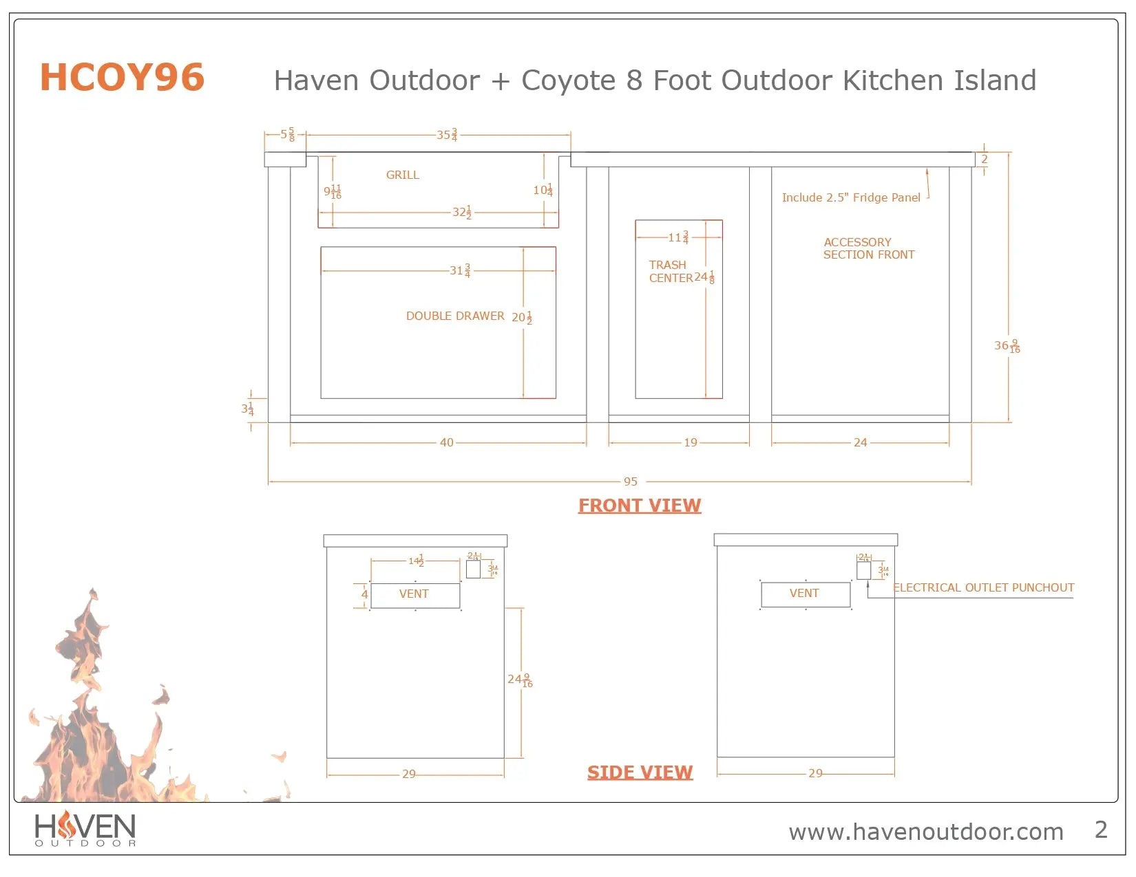 Haven 8 Ft. Outdoor Kitchen Island with Coyote Trash Center, 24-Inch Refrigerator & S-Series 36-Inch Gas Grill Haven Outdoor