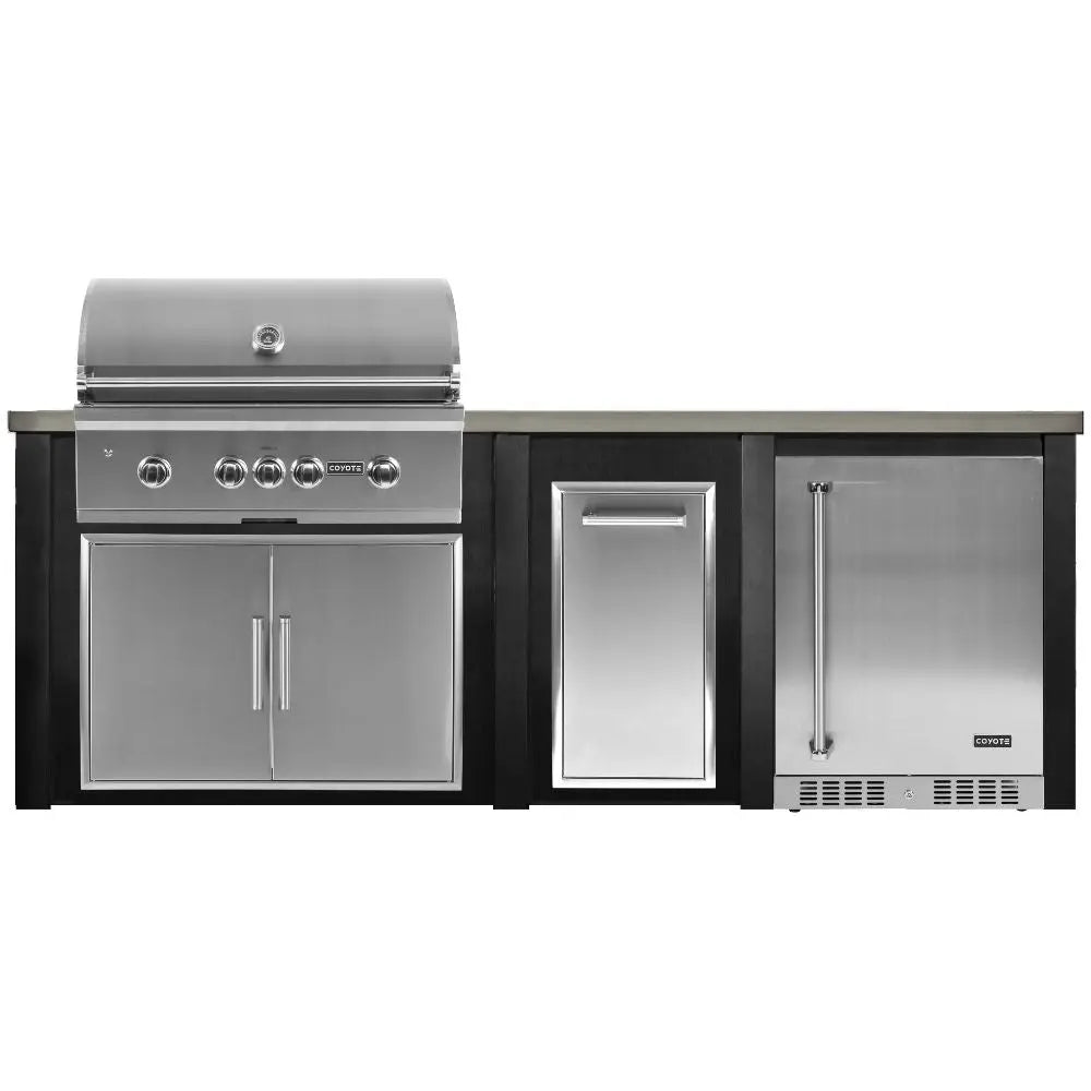 Haven 8 Ft. Outdoor Kitchen Island with Coyote Trash Center, 24-Inch Refrigerator & S-Series 36-Inch Gas Grill Haven Outdoor
