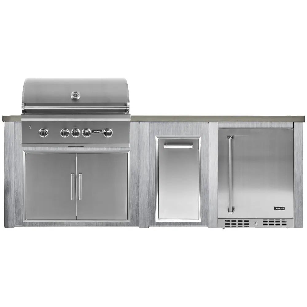 Haven 8 Ft. Outdoor Kitchen Island with Coyote Trash Center, 24-Inch Refrigerator & S-Series 36-Inch Gas Grill Haven Outdoor