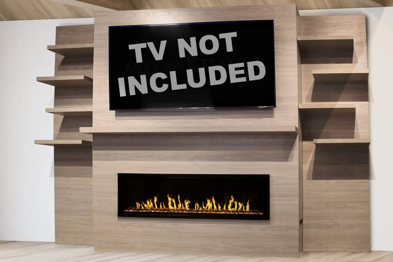 Modern Flames Allwood Fireplace Media Wall in Coastal Sand | 60'' Orion Slim Heliovision Electric Fireplace Modern Flames