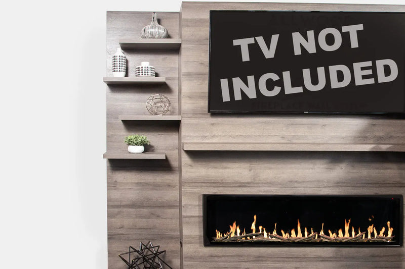 Modern Flames Allwood Fireplace Media Wall in Coastal Sand | 60'' Orion Slim Heliovision Electric Fireplace Modern Flames