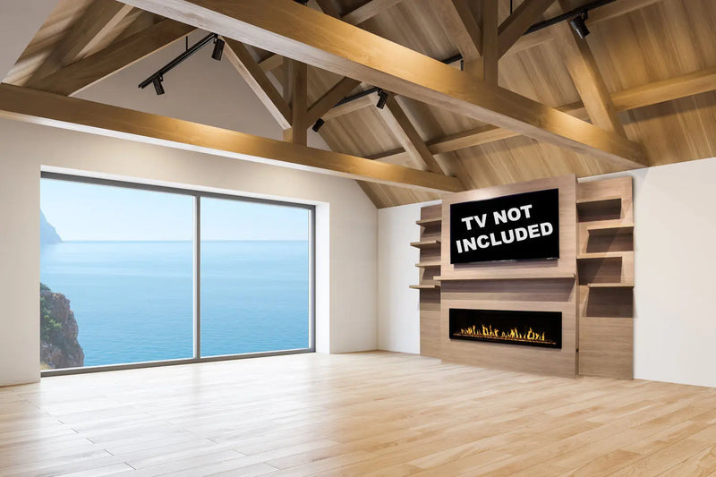 Modern Flames Allwood Fireplace Media Wall in Coastal Sand | 60'' Orion Slim Heliovision Electric Fireplace Modern Flames
