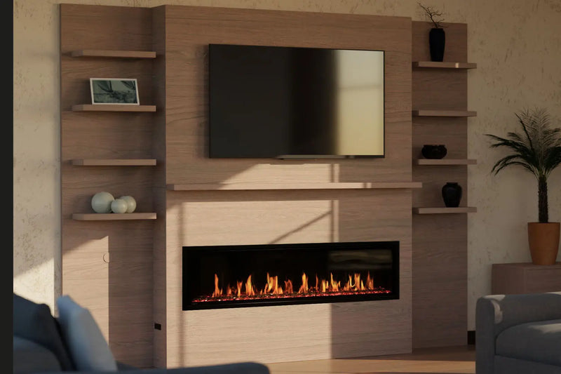 Modern Flames Allwood Fireplace Media Wall in Coastal Sand | 60'' Orion Slim Heliovision Electric Fireplace Modern Flames