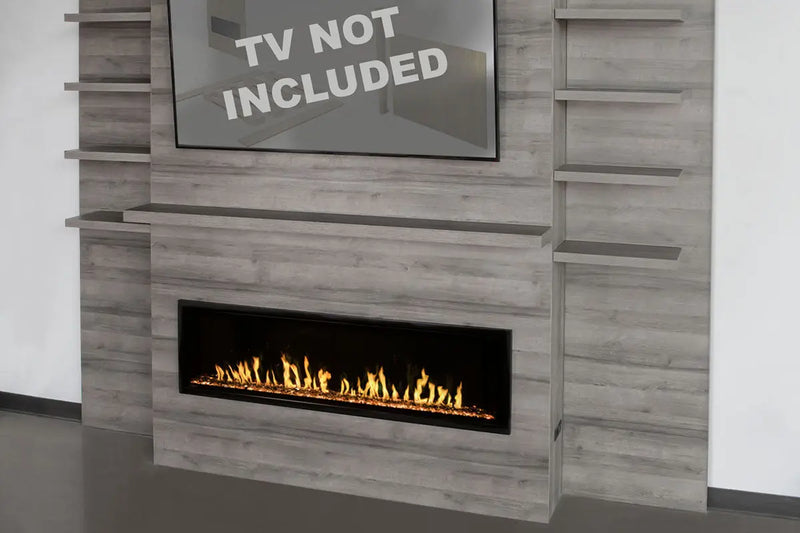 Modern Flames Allwood Fireplace Media Wall in Driftwood Gray | 60'' Orion Slim Heliovision Electric Fireplace Modern Flames