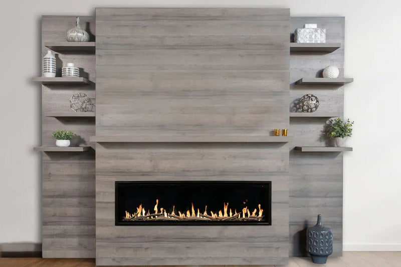Modern Flames Allwood Fireplace Media Wall in Driftwood Gray | 60'' Orion Slim Heliovision Electric Fireplace Modern Flames