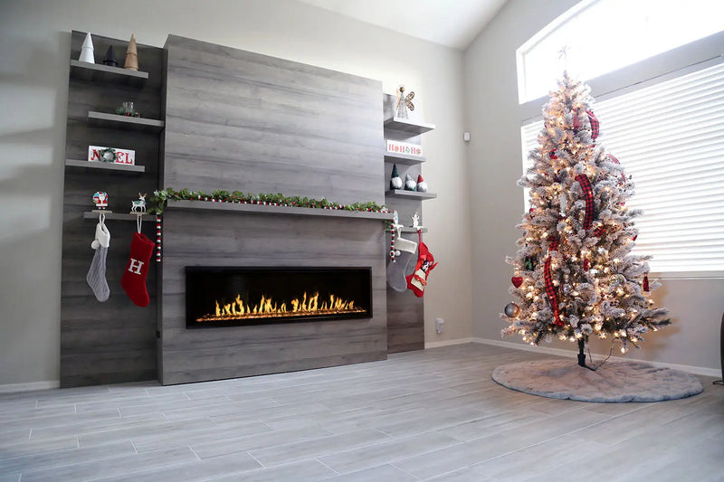 Modern Flames Allwood Fireplace Media Wall in Driftwood Gray | 60'' Orion Slim Heliovision Electric Fireplace Modern Flames
