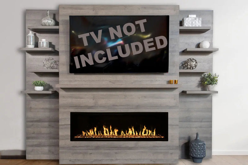 Modern Flames Allwood Fireplace Media Wall in Driftwood Gray | 60'' Orion Slim Heliovision Electric Fireplace Modern Flames