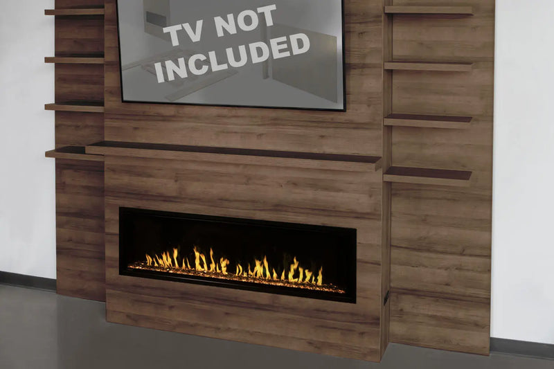 Modern Flames Allwood Fireplace Media Wall in Weathered Walnut | 60'' Orion Slim Heliovision Electric Fireplace Modern Flames
