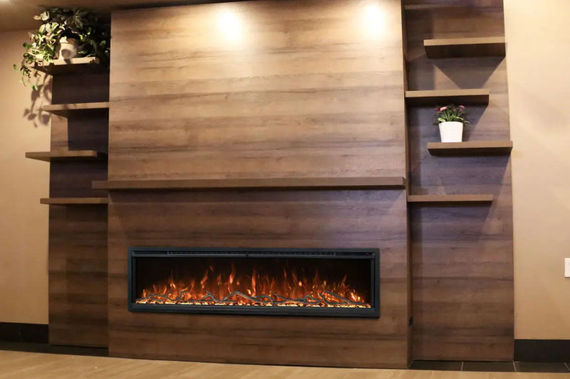 Modern Flames Allwood Fireplace Media Wall in Weathered Walnut | 60'' Spectrum Electric Fireplace Modern Flames