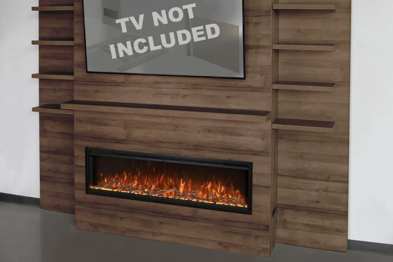 Modern Flames Allwood Fireplace Media Wall in Weathered Walnut | 60'' Spectrum Electric Fireplace Modern Flames