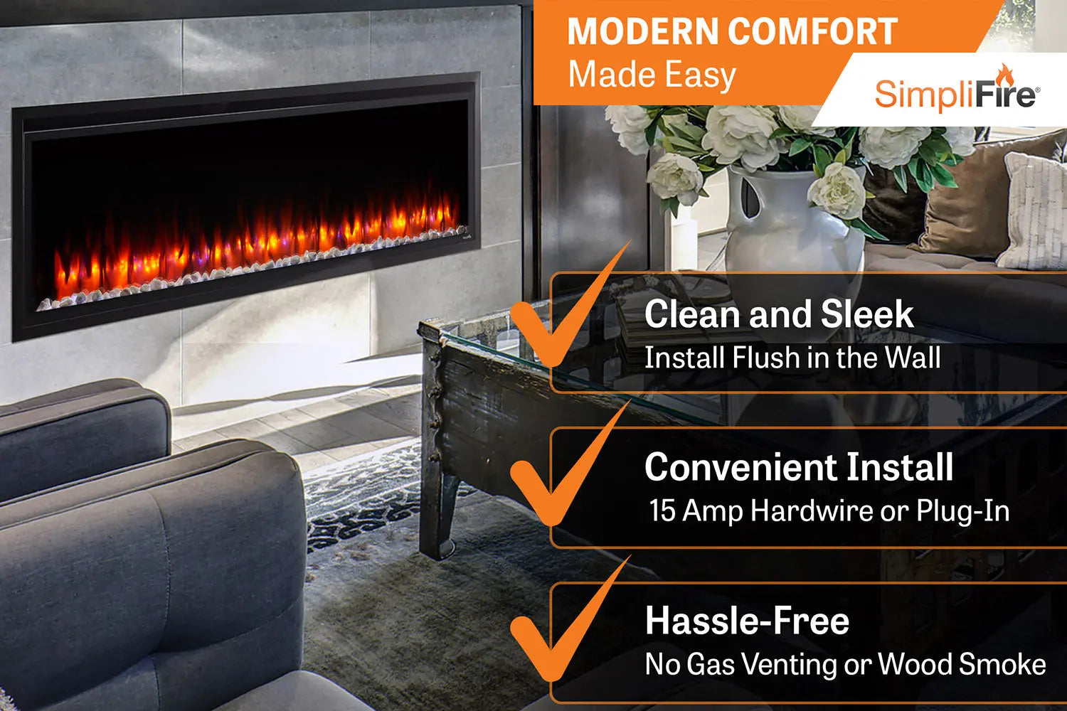 SimpliFire Allusion Platinum 60'' Wall Mount / Recessed Linear Electric Fireplace SimpliFire