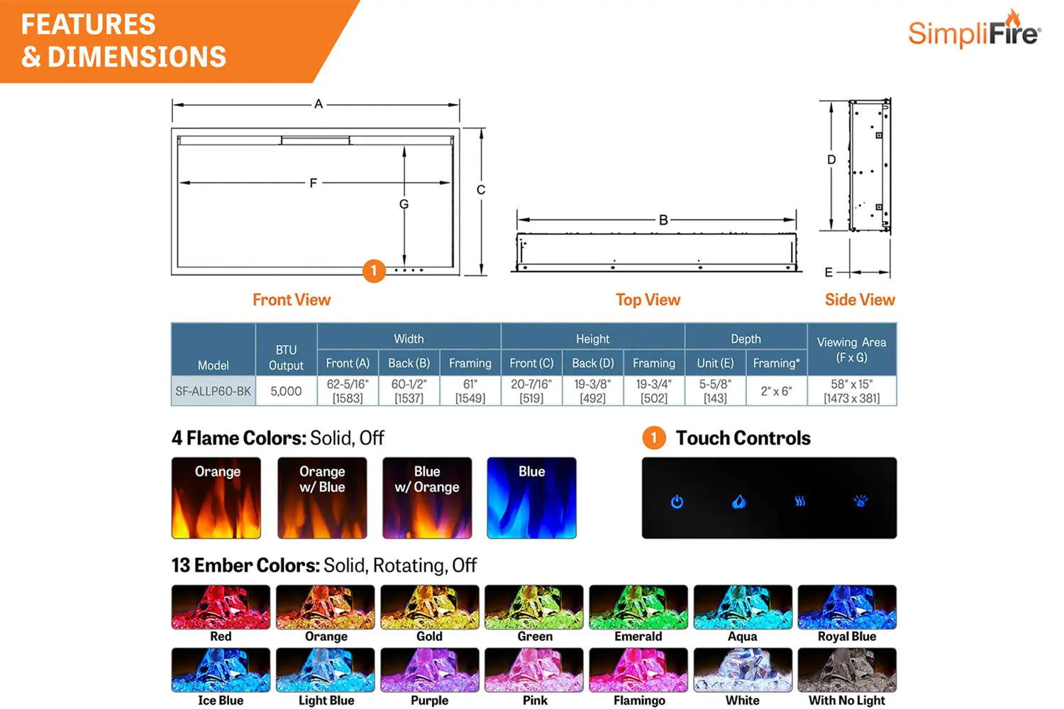 SimpliFire Allusion Platinum 60'' Wall Mount / Recessed Linear Electric Fireplace SimpliFire
