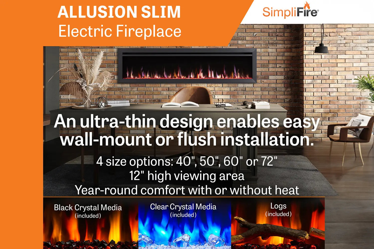 SimpliFire Allusion Slim 50'' Wall Mount / Recessed Electric Fireplace SimpliFire