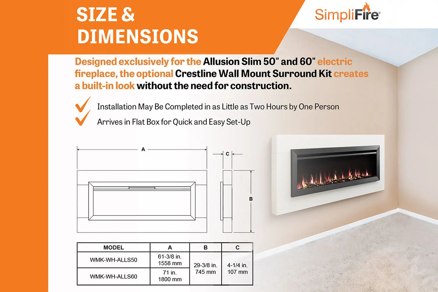 SimpliFire Allusion Slim 60'' Wall Mount / Recessed Electric Fireplace SimpliFire