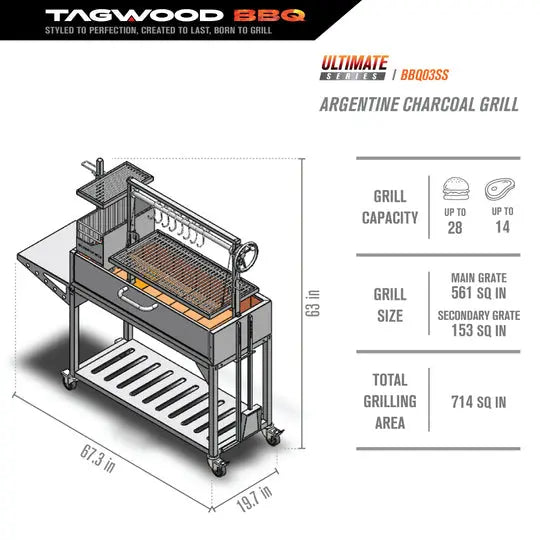 Tagwood BBQ Fully Assembled Argentine Santa Maria Wood Fire & Charcoal Grill - All Stainless Steel - BBQ03SSF Tagwood BBQ