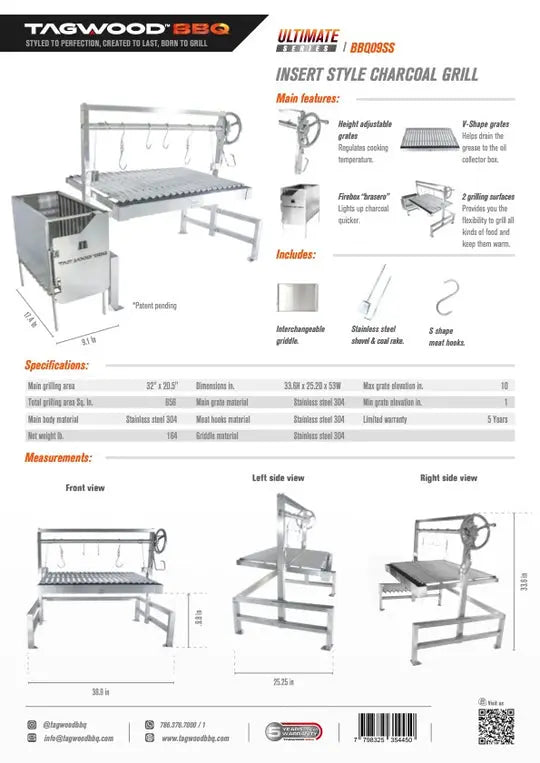 Tagwood BBQ Insert Style Argentine Santa Maria Wood Fire & Charcoal Grill - BBQ09SS Tagwood BBQ